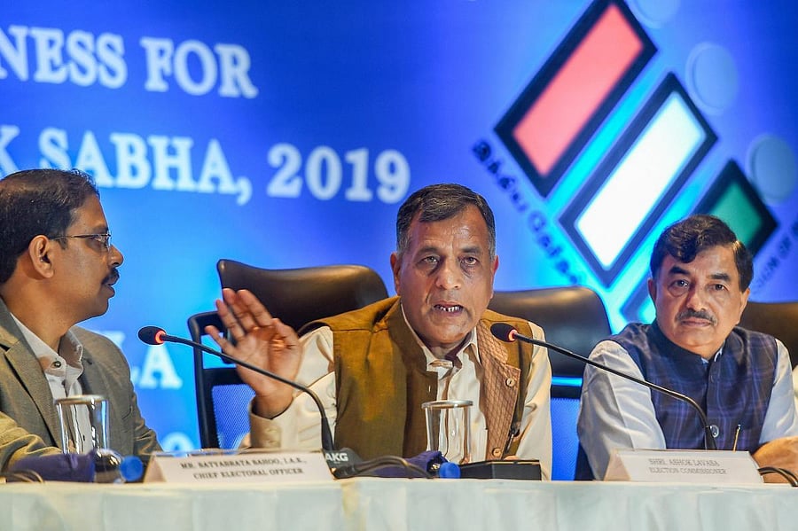Chennai: Election Commissioner Ashok Lavasa addresses a press conference ahead of the Lok Sabha polls, in Chennai, Thursday, April 04, 2019. Chief Electoral Officer Satyabrata Sahoo (L) is also seen. (PTI Photo)(PTI4_4_2019_000101B)