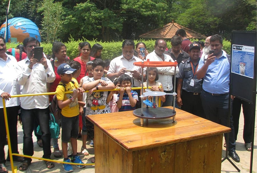 A file picture of visitors witnessing the Zero Shadow Day phenomenon at Jawaharlal Nehru Planetarium.