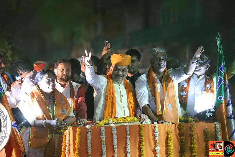Amit Shah campaigning for Gajendra Singh Shekhawat, in Jodhpur on Saturday.