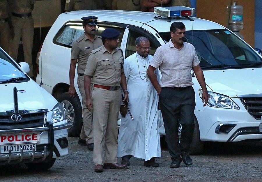 Franco Mulakkal (2nd R), accused of raping a nun, is pictured outside a crime branch office on the outskirts of Kochi in the southern state of Kerala, India, September 19, 2018. Reuters photo