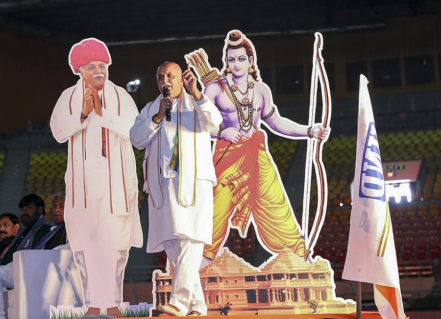 Former Vishwa Hindu Parishad (VHP) leader Pravin Togadia announces the launch of his new political party Hindusthan Nirman Dal (HND), in New Delhi, on Saturday. PTI