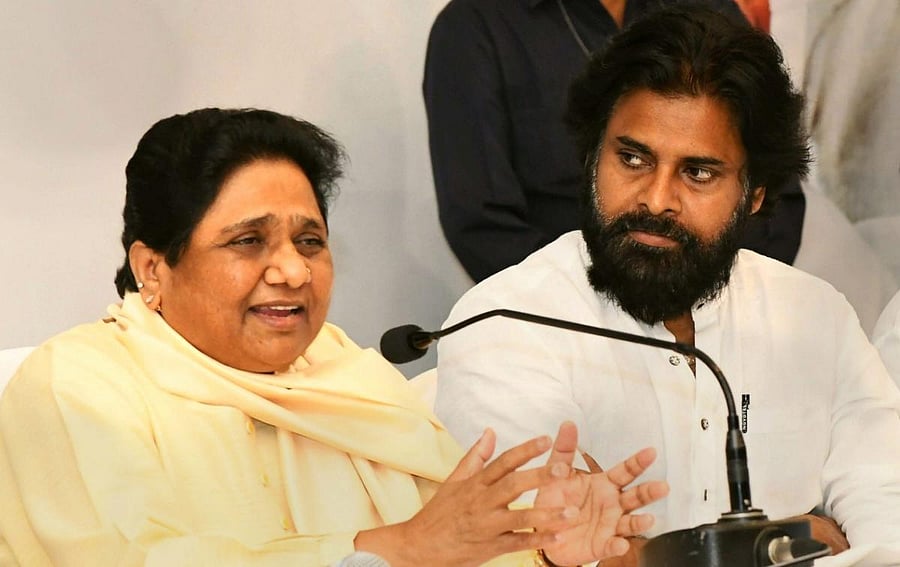 Bahujan Samaj Party supremo Mayawati with Jana Sena party Chief Pawan Kalyan during a press conference, in Visakhapatnam, Wednesday, April 03, 2019. (PTI Photo)