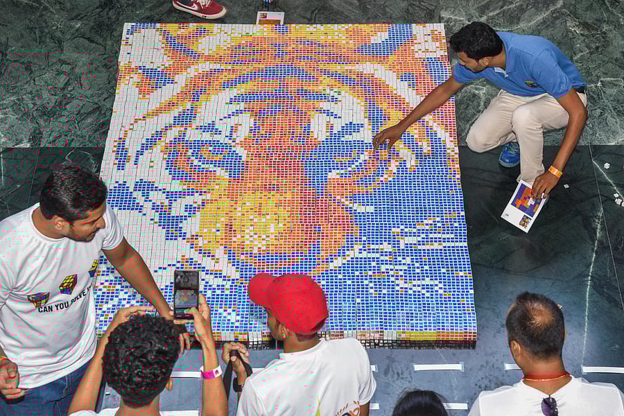 A tiger's portrait created with Rubik's cubes, which made it to the Guinness Book of World Records, in the city on Sunday. DH PHOTO/S K DINESH