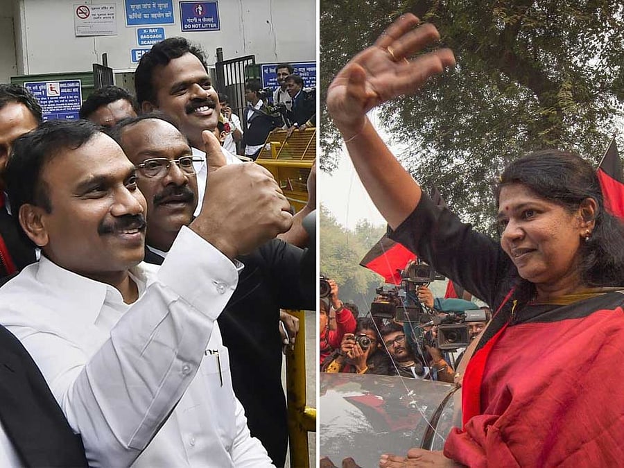 A Raja and late party chief M Karunanidhi’s daughter Kanimozhi. File photo