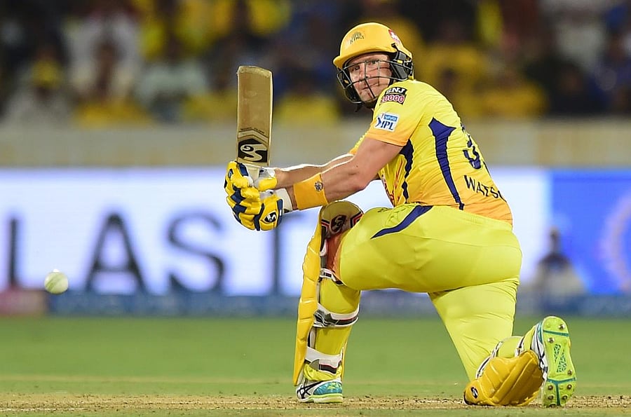 Chennai Super Kings (CSK) batsman Shane Watson plays a shot during the Indian Premier League 2019 Final cricket match between Chennai Super Kings (CSK) and Mumbai Indians (MI) at Rajiv Gandhi International Cricket Stadium in Hyderabad, Sunday, May 12, 201