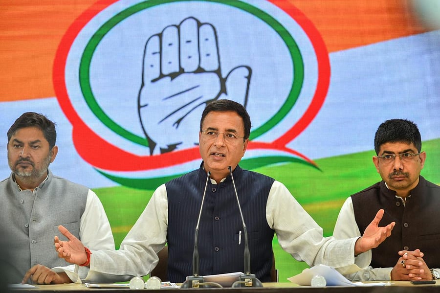 Congress Spokesperson Randeep Singh Surjewala addresses a press conference at AICC, in New Delhi. (PTI Photo)
