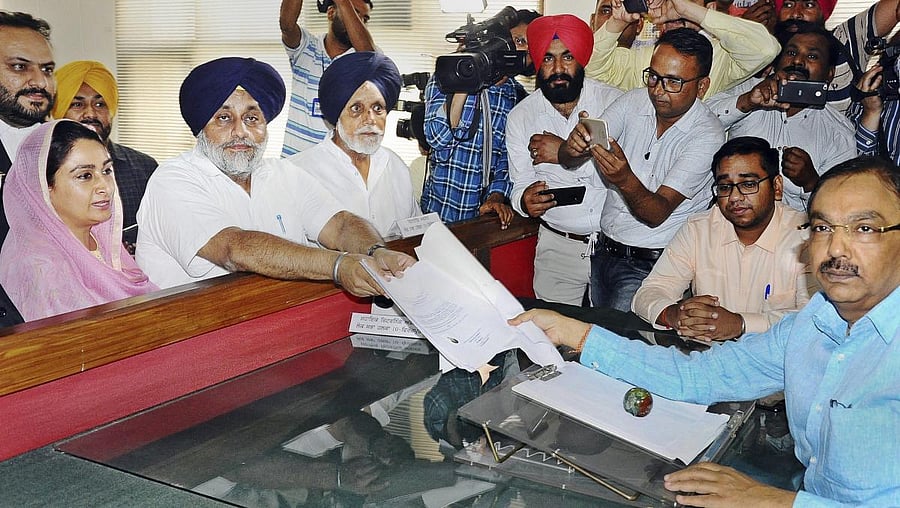 Shiromani Akali Dal (SAD) President and candidate from Ferozepur constituency Sukhbir Singh Badal files his nomination papers for Lok Sabha polls, in Ferozepur, Friday, April 26, 2019. Also seen is Union minister and Bathinda candidate Harsimrat Kaur Bada. PTI File photo