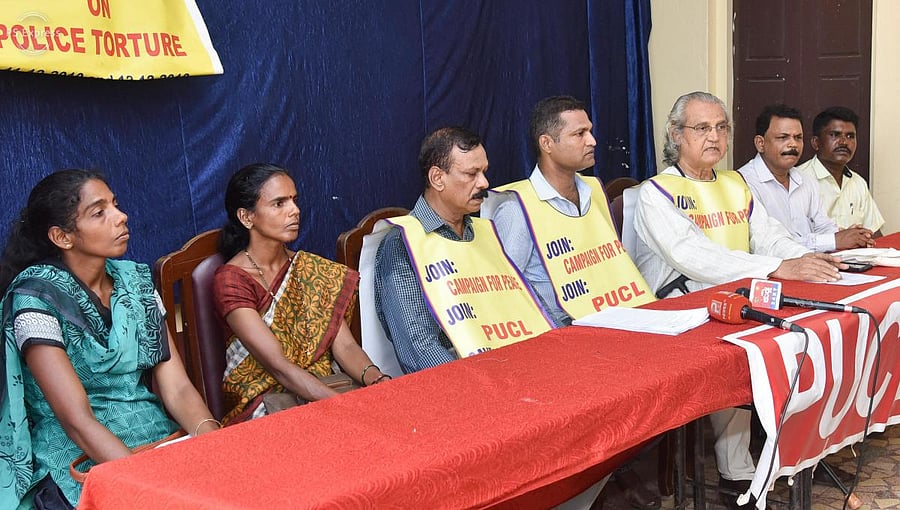 PUCL office-bearer P B D’Sa (3rd from right) speaks at a press meet in Mangaluru on Saturday, condemning the Dalit atrocity in Mukka, Surathkal.