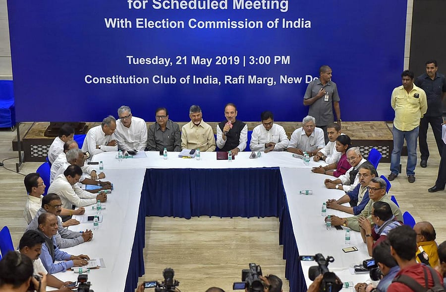 Andhra Pradesh Chief Minister N Chandrababu Naidu, senior Congress leader Ghulam Nabi Azad, Samajwadi Party Principal General Secretary Ram Gopal Yadav, CPM General Secretary Sitaram Yechury, Nationalist Congress Party leader Praful Patel, Bahujan Samaj Party leader Satish Chandra Mishra and other party leaders ahead of a meeting with the Election Commission of India, in New Delhi, Tuesday, May 21, 2019. (PTI Photo)