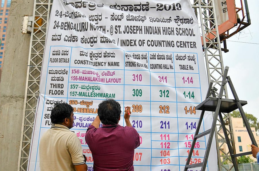 Indian election officials put up a banner announcing the list of constituencies at the counting centre on the eve of the vote counting day for India's general election in Bangalore. (Photo by AFP)