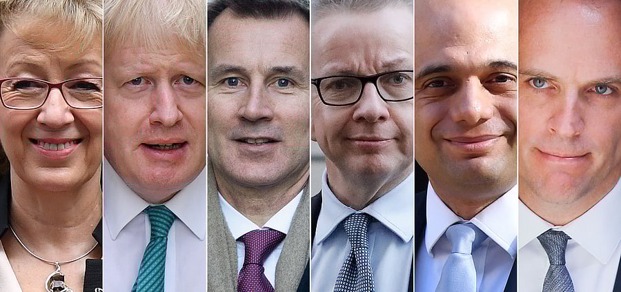 Six main contenders to replace Britain's Prime Minister Theresa May when she resigns on June 7: (L-R) former leader of the House of Commons Angela Leadsom; former foreign secretary Boris Johnson; Britain's Foreign Secretary Jeremy Hunt, Britain's Environment, Food and Rural Affairs Secretary Michael Gove; Britain's Home Secretary Sajid Javid and former Brexit secretary Dominic Raab. (Photo by AFP)
