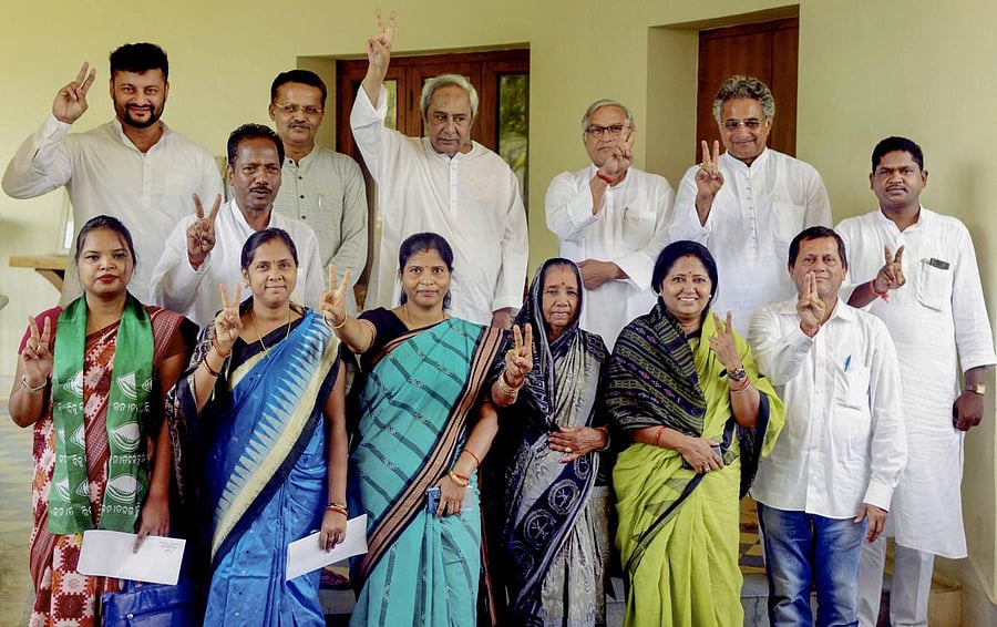 Bhubaneswar: Newly elected BJD MPs meet party president and Odisha CM Naveen Patnaik at his residence in Bhubaneswar, Sunday, May 26, 2019. (PTI Photo)