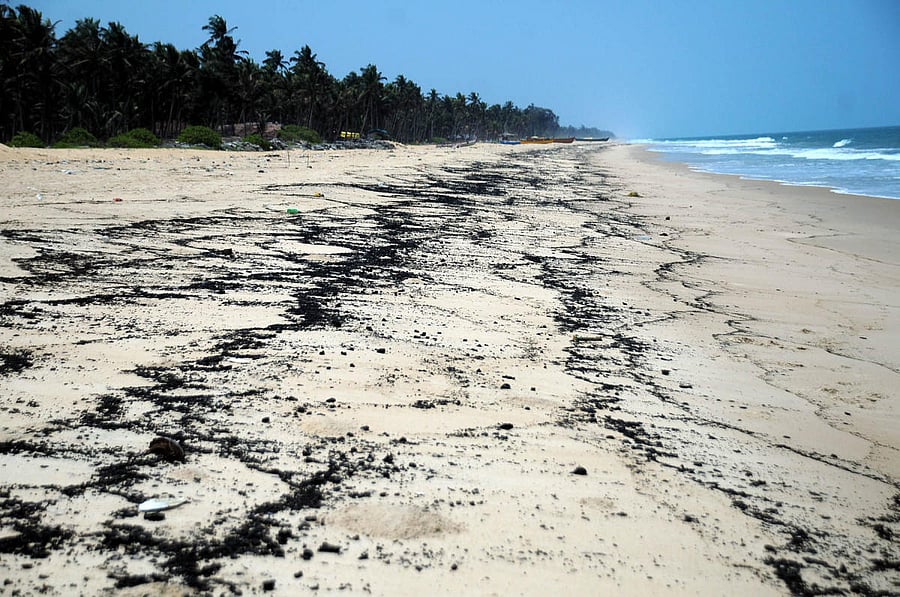 Remains of tar which washed ashore on Ermal beach in Udupi district.