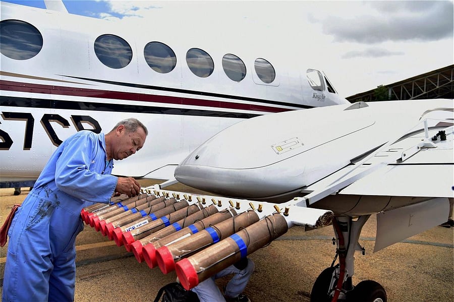 BQ-100 Beec aircraft mounted with dry-ice racks used for cloud seeding. PTI File Photo