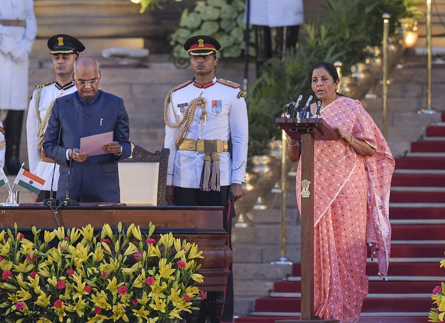 Nirmala Sitharaman being sworn-in as a Cabinet minister by President Ram Nath Kovind during a swearing-in ceremony at the forecourt of Rashtrapati Bhawan in New Delhi, Thursday, May 30, 2019. PTI file photo
