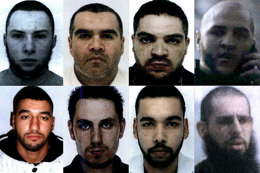 French nationals (from top left to bottom right) Vianney Ouraghi, Salim Machou, Mustapha Merzoughi, Brahim Nejara, Fodil Tahar Aouidate, Kevin Gonot, Yassine Sakkam and Leonard Lopez, all sentenced by a Baghdad court to death for joining the Islamic State