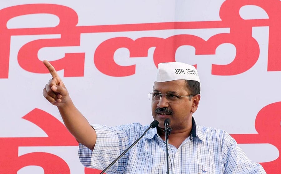 AAP convener and Delhi Chief Arvind Kejriwal addresses a public meeting in New Delhi. (PTI Photo)