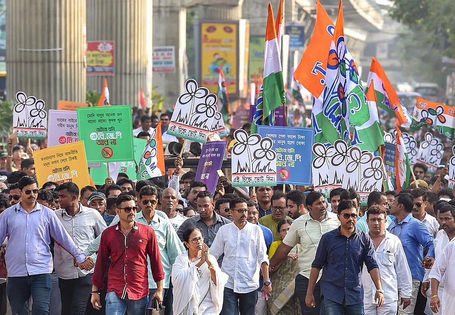 West Bengal Chief Minister and Trinamool Congress chief Mamata Banerjee greets supporters during an election rally on the last day of campaigning ahead of the seventh and final phase of Lok Sabha polls, in Kolkata, Thursday, May 16, 2019. (PTI Photo/Swapan Mahapatra) Photo for representation.