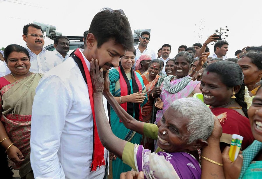 Dravida Munnetra Kazhagam (DMK) President M K Stalin's son Udhayanidhi Stalin during an election rally for the upcoming Lok Sabha polls, in Thoothukudi, Wednesday, April 03, 2019. (PTI Photo)