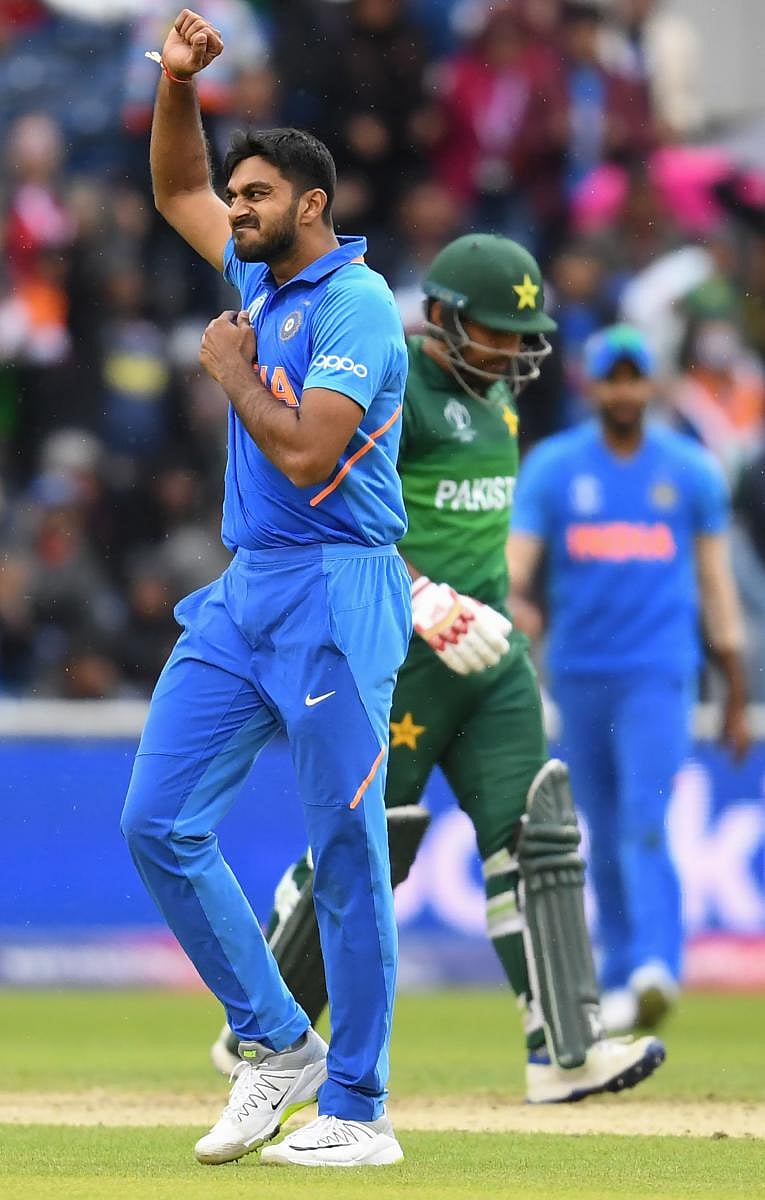  Vijay Shankar didn’t sparkle with the bat but proved handful with the ball against Pakistan. AFP 