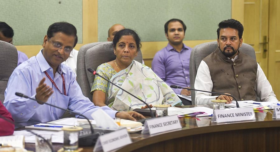 Union Finance Minister Nirmala Sitharaman, MoS in the Ministry of Finance Anurag Thakur and others attend a pre-budget meeting. (PTI Photo)