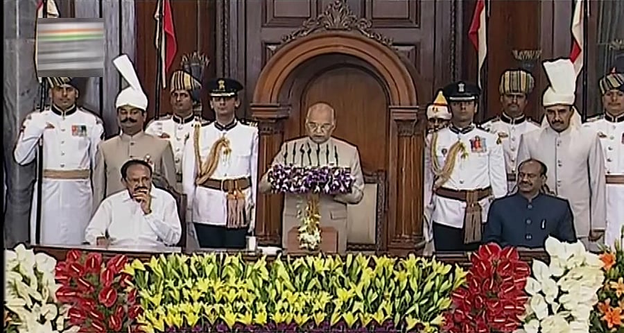 President Ram Nath Kovind addresses a joint session of Parliament in the presence of Vice President Venkaiah Naidu and Lok Sabha Speaker Om Birla. (Photo PTI)