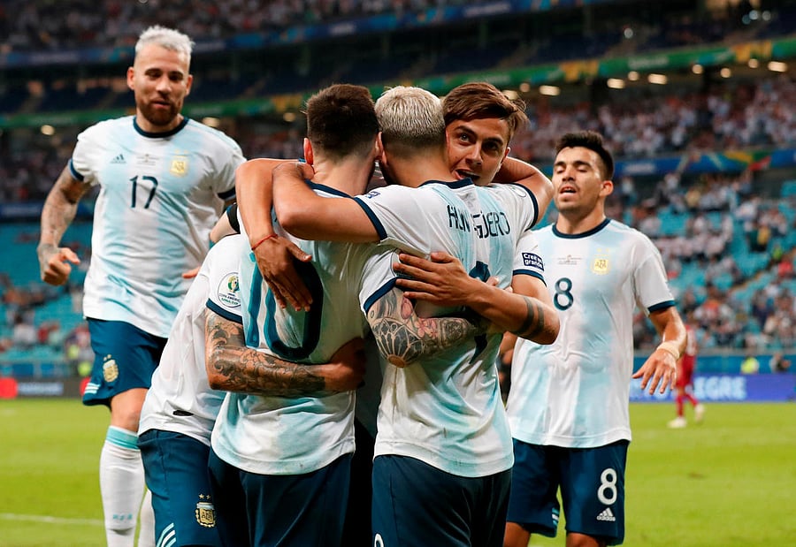 Soccer Football - Copa America Brazil 2019 - Group B - Qatar v Argentina - Arena Do Gremio, Porto Alegre, Brazil - June 23, 2019 Argentina's Sergio Aguero celebrates scoring their second goal with team mates REUTERS/Henry Romero