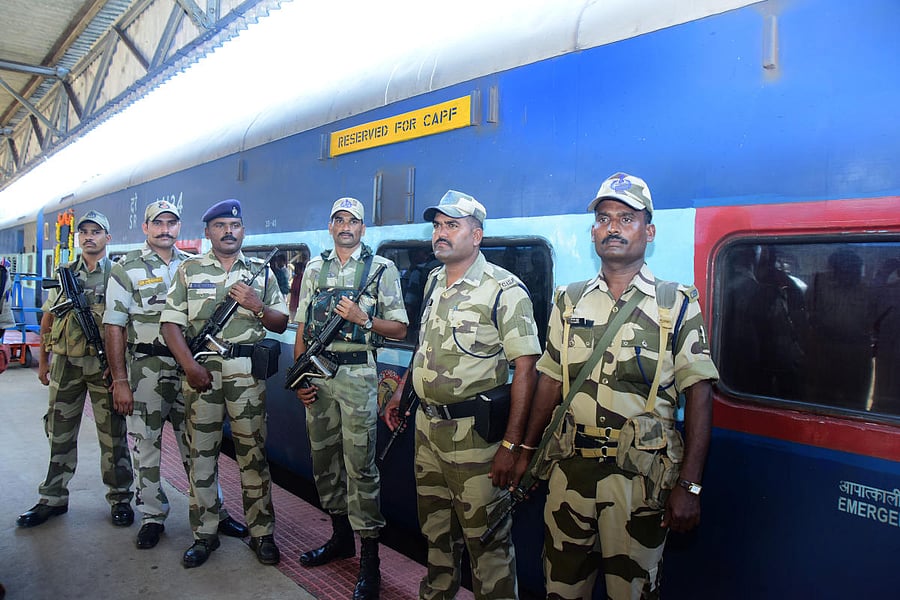 CAPF persons in front of Special A/C Coach for CAPFs from Mangalore to Katra Express Train at Mangalore Central Railway Station. DH Photo/ Govindraj Javali