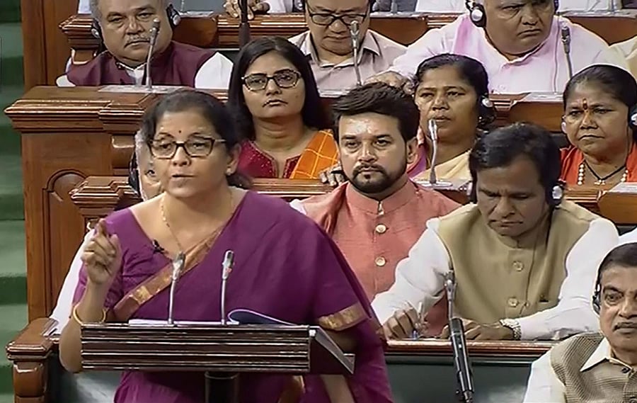 Union Finance Minister Nirmala Sitharaman presents the Union Budget 2019-20 in the Lok Sabha at Parliament, in New Delhi, Friday, July 05, 2019 (LSTV/PTI Photo)