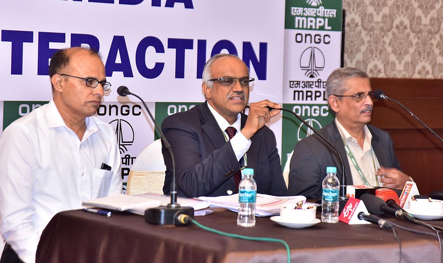 MRPL MD M Venkatesh speaks to mediapersons in Mangaluru on Saturday.