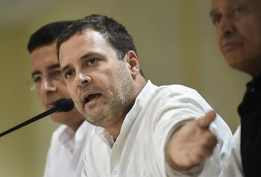 Congress President Rahul Gandhi addresses a press conference regarding Vijay Mallya's allegations, in New Delhi, Thursday, Sept 13, 2018. Gandhi accused Arun Jaitley of lying on meeting with Vijay Mallya. (PTI Photo)