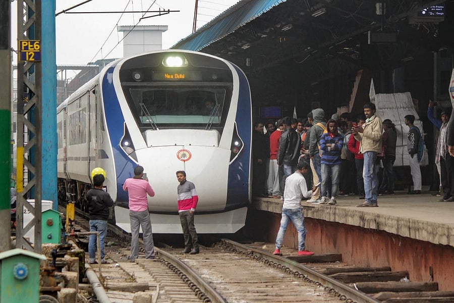 Vande Bharat Express, India's first semi-high speed train, arrives back from Varanasi after its inaugural run at New Delhi Railway Station earlier this year (PTI Photo)