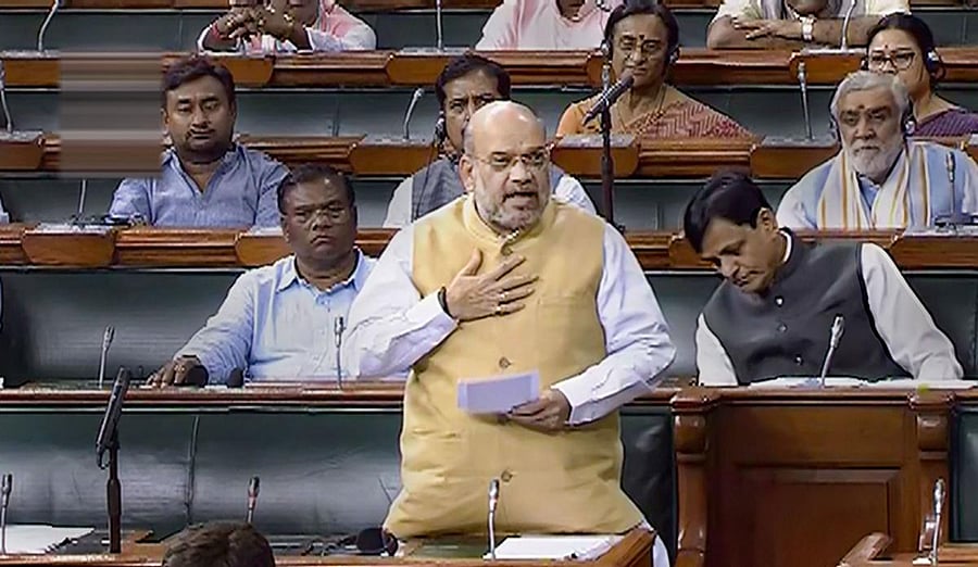 Union Home Minister Amit Shah speaks in the Lok Sabha during the Budget Session of Parliament, in New Delhi, Monday, July 15, 2019. (LSTV/PTI Photo)
