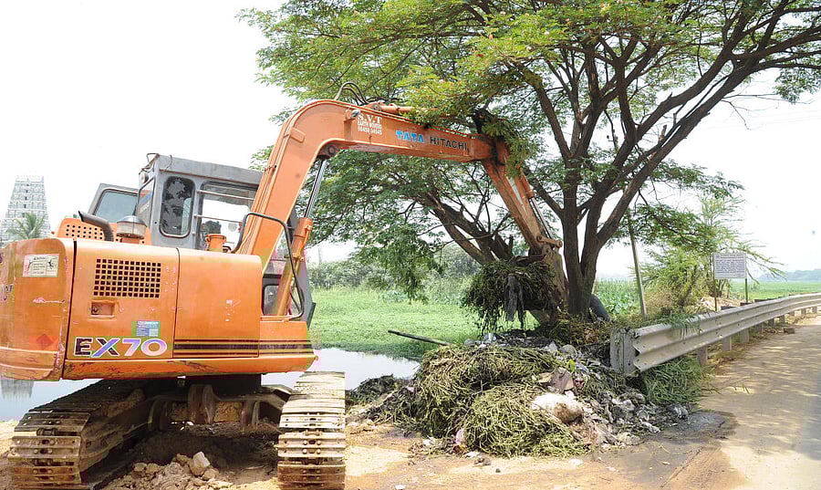 Worker taking silt and the weed from the tank at Bellandur lake in Bengaluru on Friday. Photo Srikanta Sharma R.