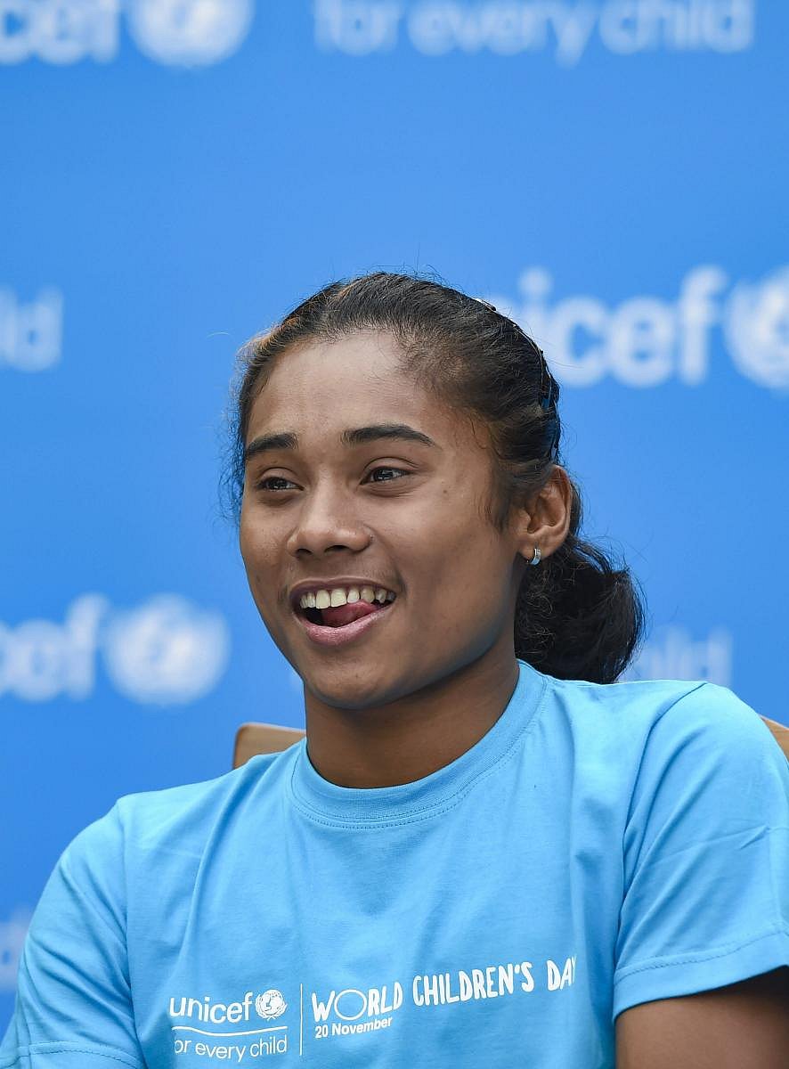 New Delhi: Asian Games gold medalist athelete Hima Das after she was appointed UNICEF's Youth Ambassador at an event in New Delhi, Wednesday, Nov 14, 2018. (PTI Photo/Kamal Singh) (PTI11_14_2018_000173A)