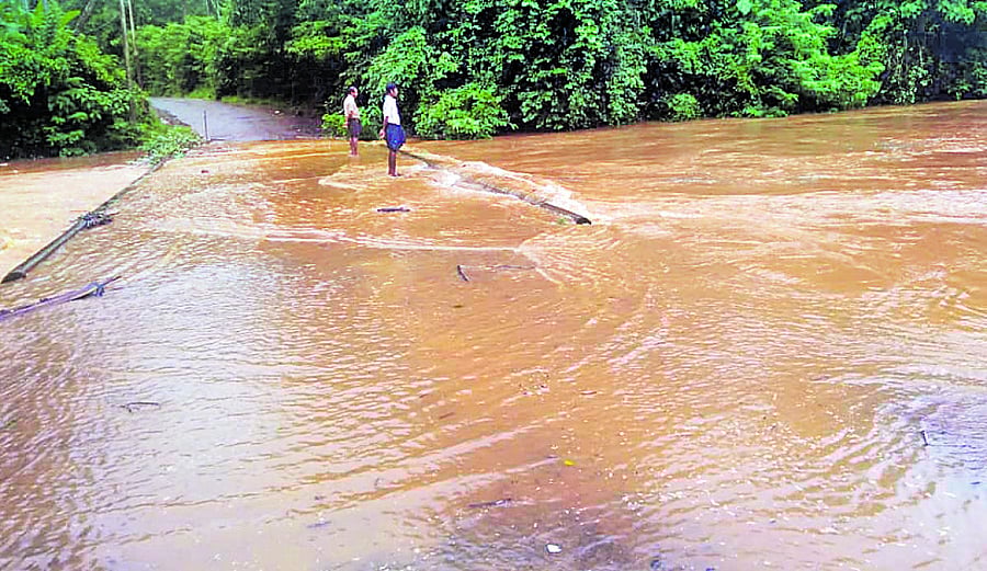 A view of the inundated bridge at Chelyadka.