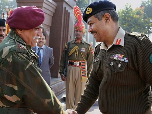 Pakistan Army DGMO Maj Gen Aamer Riaz and Indian Army DGMO Lt Gen Vinodh Bhatia before the delegation level meeting at the Wagah-Attari border on Tuesday - PTI