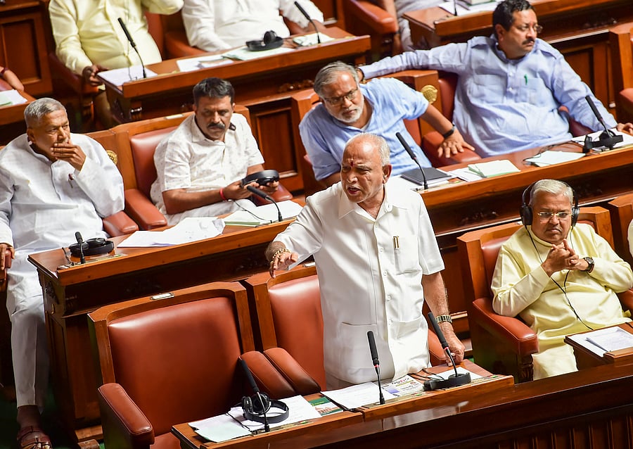Former Karnataka chief minister & BJP State President BS Yeddyurappa speaks during Assembly Session at Vidhana Soudha. (PTI Photo)