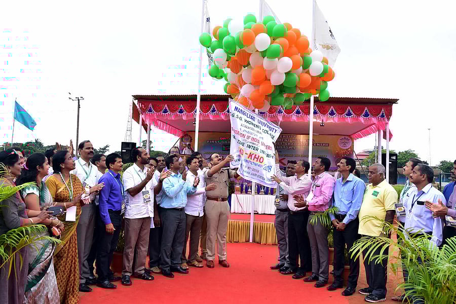 Udupi SP Laxman Nimbargi and ZP CEO Shivananda Kapashi inaugurate South Zone inter university women's kho-kho tournament, at Udupi on Monday.