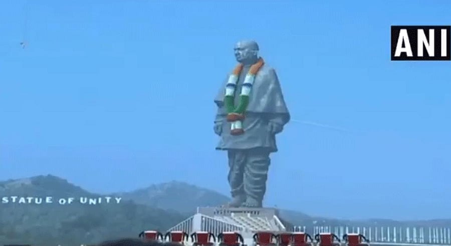 The imposing monument is twice the height of the Statue of Liberty in the US and is built on an islet, Sadhu Bet, near the Sardar Sarovar Dam in Gujarat's Narmada district. (Image: Screengrab/ANI Twitter)