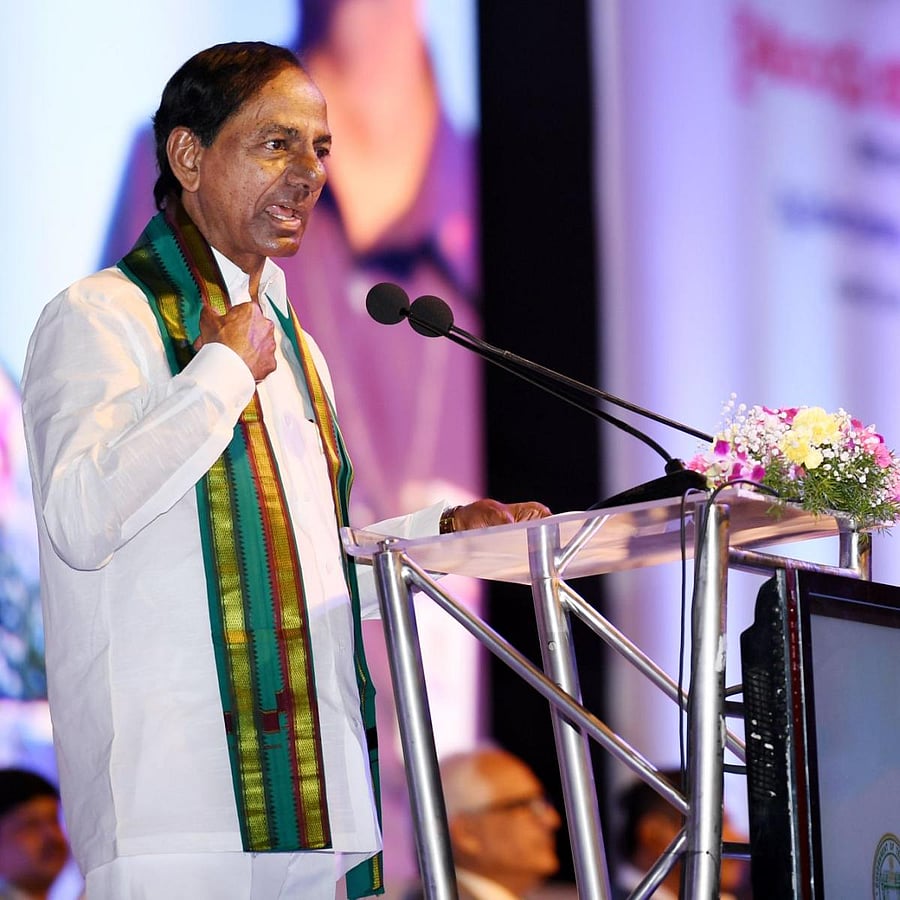Telangana Chief Minister K Chandrasekhar Rao addressing the preparatory meeting on farmers life insurance at Hitex in Hyderabad on Monday.
