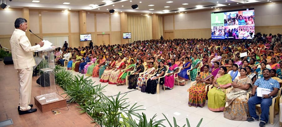 Naidu with party cadre at his official residence in Undavalli.