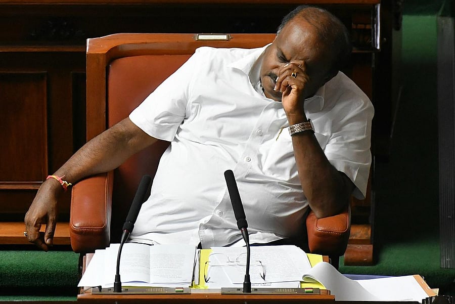Karnataka Chief Minister H D Kumaraswamy during the state legislative assembly session at the Vidhana Soudha, in Bengaluru on July 23, 2019. AFP