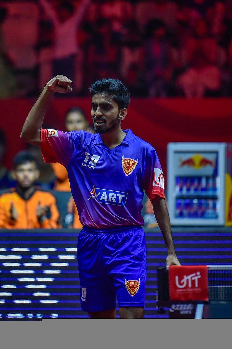 FINE SHOW G Sathiyan of Dabang Delhi celebrates his win over Harmeet Desai of Puneri Paltan on Thursday.