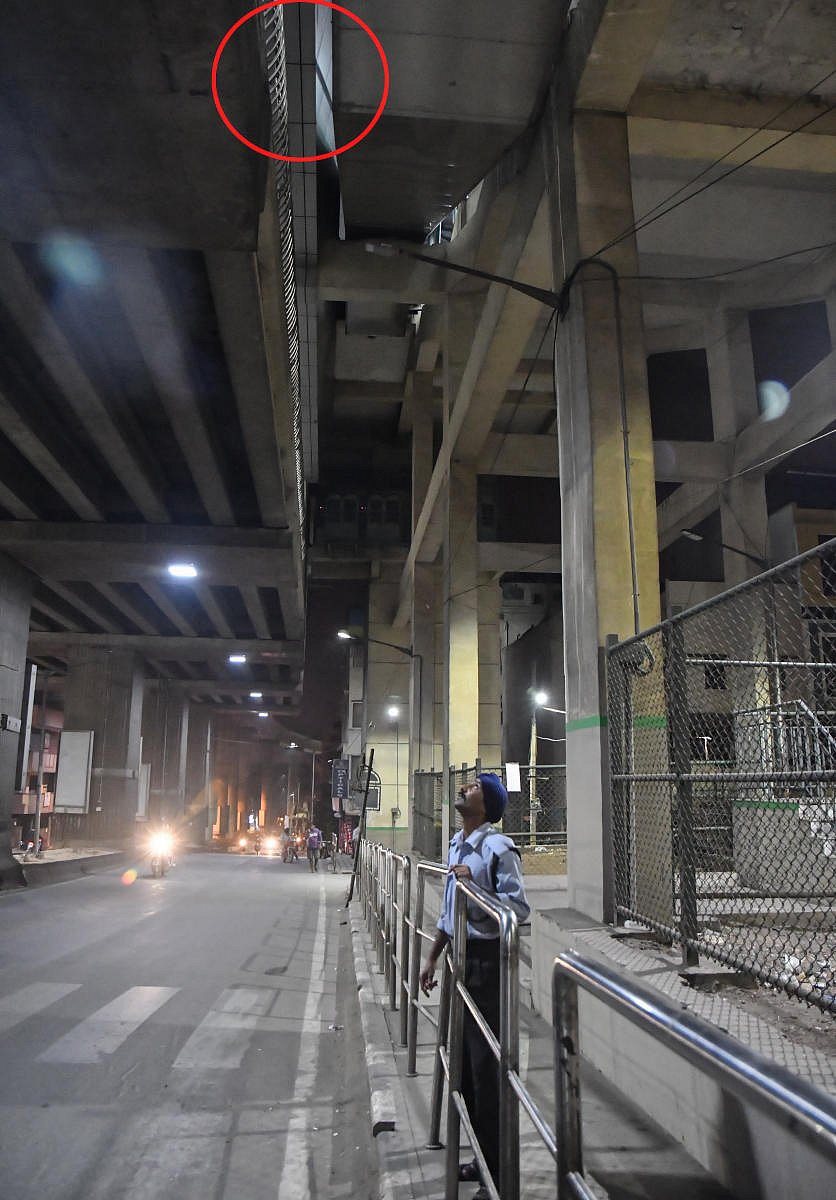 The spot from where the child fell at the Srirampura metro station on Sunday. DH photo