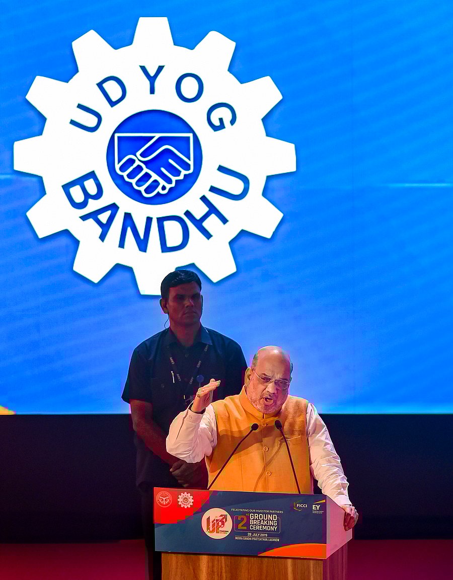 Union Home Minister Amit Shah addresses during the groundbreaking ceremony of projects worth Rs 65,000 crore, at Indira Gandhi Pratishthan, in Lucknow. (PTI Photo)