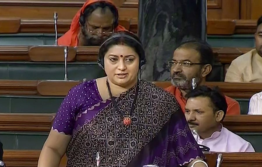 Union Minister of Women and Child Development Smriti Irani in the Lok Sabha. (File Photo) (LSTV/PTI Photo)