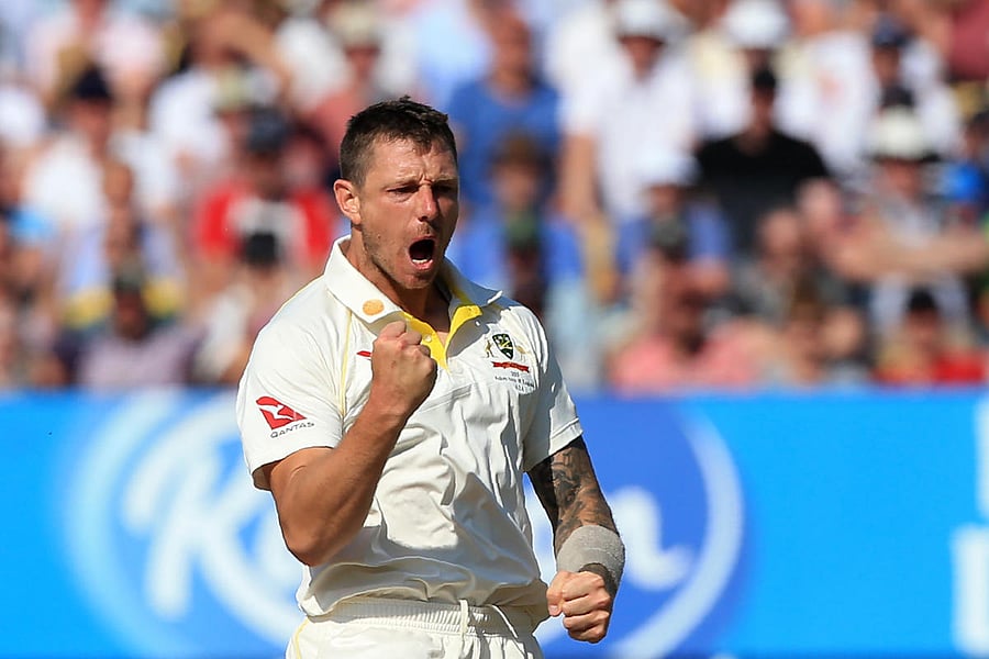 Australia's James Pattinson celebrates taking the wicket og England's Joe Denly for 18 on the second day of the first Ashes cricket Test match between England and Australia at Edgbaston in Birmingham. (AFP Photo)