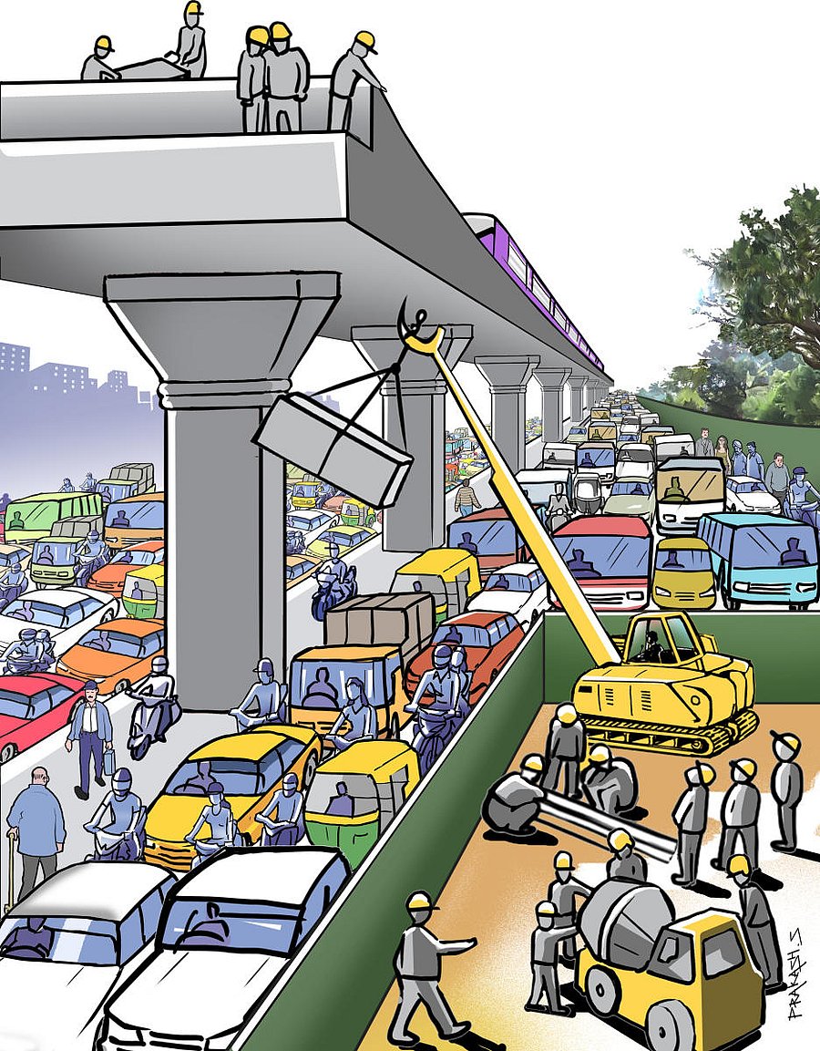 Metro work and traffic jam