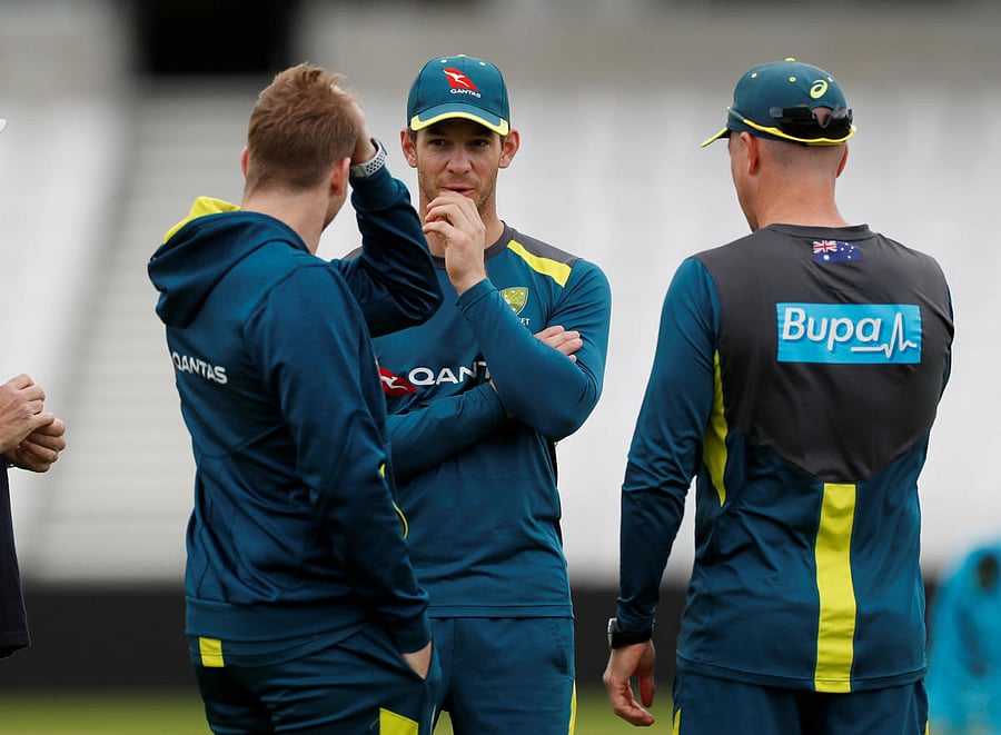 Australia's Tim Paine and Steve Smith during a training session before the third Ashes test match against England. (Reuters Photo)